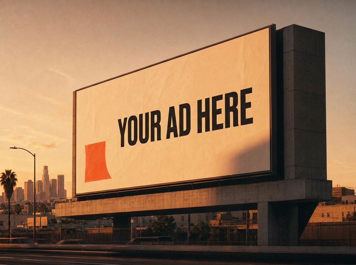 Large roadside billboard overlooking a city at golden hour
